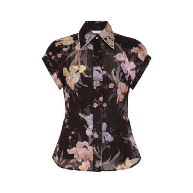 [12.12 Dealcember] Zimmermann Eden Fitted Rolled Cap Sleeves Silk Shirts Iris Sherbet 0P Black