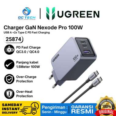 UGREEN 25874 Adaptor Kepala Charger Set Mini Nexode Pro GaN 2 USB Type C + 1 USB For iPhone MacBook 