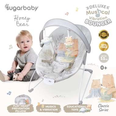 Sugar Baby New Deluxe Musical Vibration Bouncer Honey Bear Grey