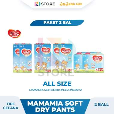 Mamamia Soft Dry Pants S32+2/M28+2/L24+2/XL20+2 Popok Bayi Tipe Celana Kemasan 2 Ball MAMAMIA L24+2
