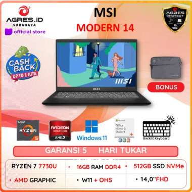 Laptop MSI MODERN 14 AMD RYZEN 7 7730 RAM 16gb SSD 512gb Windows 11 + Office Home Student 14.0FHD IP