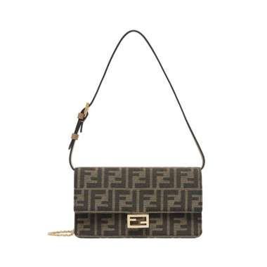 Fendi Baguette FF Clasp Fabric Wallet On Chain Brown Brown