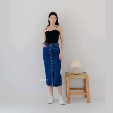 Onetta - ELOISE (Bio Blue) - Rok Jeans Kancing Span Denim High Waist Belah Tengah Size L
