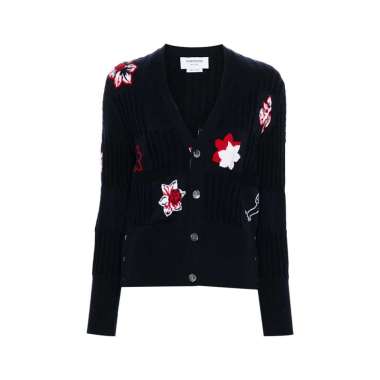 Thom Browne Flower Classic Hector V-Neck Cardigan Navy 38 Blue