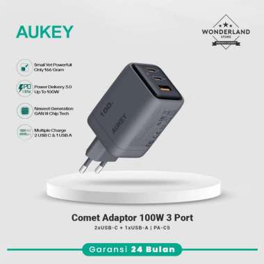 Aukey Comet Adaptor Charger 100W 3Port 2xUSB-C 1xUSB-A PD SFC PPS Fast Charging PA-C5