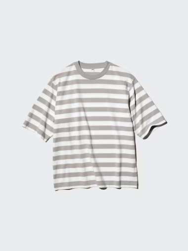 UNIQLO T-Shirt Kaos Oversize Pria Motif Garis GRAY XL