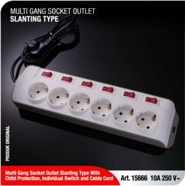 Broco Electrical 15666 Stop Kontak 6 Lubang Miring (CP + Indiv. Switch + Kabel) Kabel 1.5 Meter