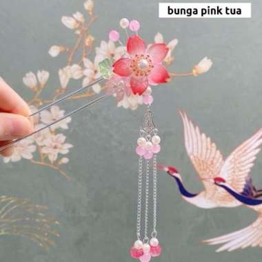 ￼Tusuk Konde Bunga Imlek Cina Sanggul Rambut Hair Pin Bunga - Bunga pink tua