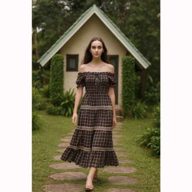 MAXI LONG DRESS KOREAN STYLE - GAUN PANJANG WANITA MODEL SABRINA PESTA KEBUN MOTIF KOTAK KOTAK MERAH