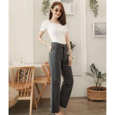 Shenelin Kulot Jeans wanita highwaist loose jeans Signature 32 Black/hitam