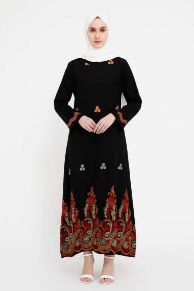 Zahra Gamis Hitam Bordir Bunga With Green Red L