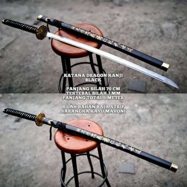 Katana Dragon Kanji Hitam dan Merah Cibatu Handmade Hitam