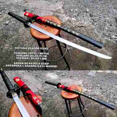 Katana Dragon Kanji Hitam dan Merah Cibatu Handmade Merah