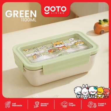 Goto Hachi Lunch Box Bento Tempat Bekal Makan Anak Lucu Anti Tumpah 1100ML GREEN
