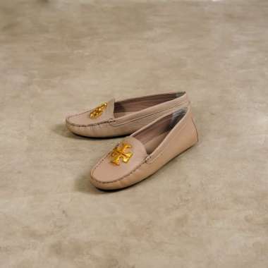 Sepatu TORY BURCH EVERLY DRIVER TAUPE GREY LEATHER LOAFER 100% ORIGINAL 36