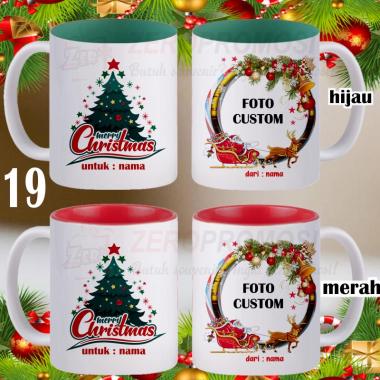 Kado Natal Mug Warna Dalam / Souvenir Mug Ucapan Christmas custom nama Design 19 dan foto Hiijau