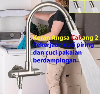 Keran Bebek Angsa Cabang 2 Stainless 304. Keran Sink Dapur, Mesin Cuci