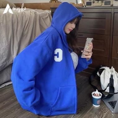 [S - 7XL] Hoodie Sleting Wanita Pria Unisex Terbaru Sablon C Warna Baby Blue Bahan Tebal Ukuran Over