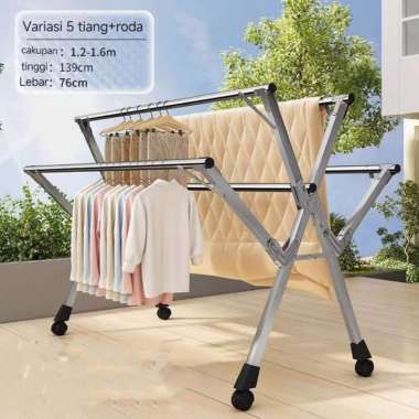 Jemuran Baju Portable Stainles Je 5 tiang 160cm+roda