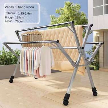 Jemuran Baju Portable Stainles Je 5 tiang 200cm+roda