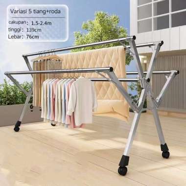 Jemuran Baju Portable Stainles Je 5 tiang 240cm+roda