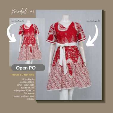 DRESS BATIK MIDI WARNA MERAH FREE OBI | OUTFIT KONDANGAN WANITA MODERN S model 1