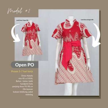 DRESS BATIK MIDI WARNA MERAH FREE OBI | OUTFIT KONDANGAN WANITA MODERN XS Model 2