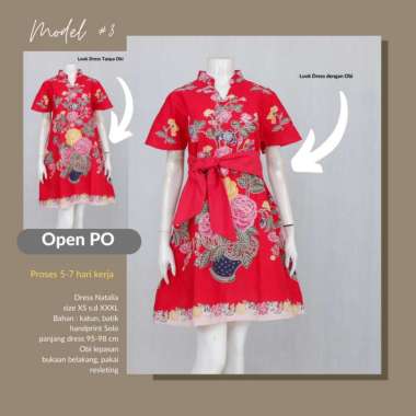 DRESS BATIK MIDI WARNA MERAH FREE OBI | OUTFIT KONDANGAN WANITA MODERN S Model 3