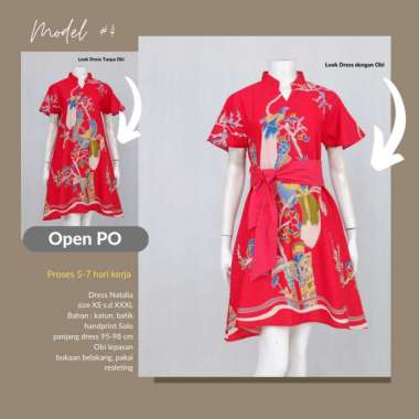 DRESS BATIK MIDI WARNA MERAH FREE OBI | OUTFIT KONDANGAN WANITA MODERN S Model 4