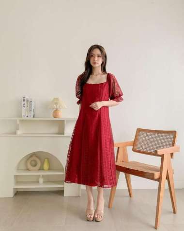 Dress Victoria Size L Xl Bahan Malika Brokat Premium, Satin Velvet Marun - L