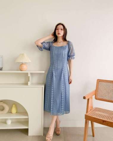 Dress Victoria Size L Xl Bahan Malika Brokat Premium, Satin Velvet Birudenim - L