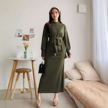Set Salza Knitt Set Bahan Rib Knit All Size L - 2Xl Ada Tali Obi Dress Army - L