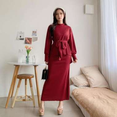 Set Salza Knitt Set Bahan Rib Knit All Size L - 2Xl Ada Tali Obi Dress Marun - L