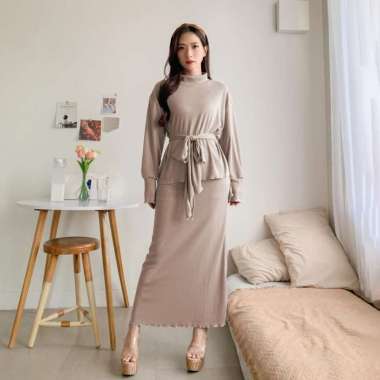 Set Salza Knitt Set Bahan Rib Knit All Size L - 2Xl Ada Tali Obi Dress Mocca - Xxl