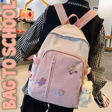 Tas Ransel Cewek Polos Populer Terbaru Korea Style Anak Sekolah SD SMP SMK SMU Remaja Kekinian PINK