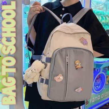 Tas Ransel Cewek Polos Populer Terbaru Korea Style Anak Sekolah SD SMP SMK SMU Remaja Kekinian ABU_A
