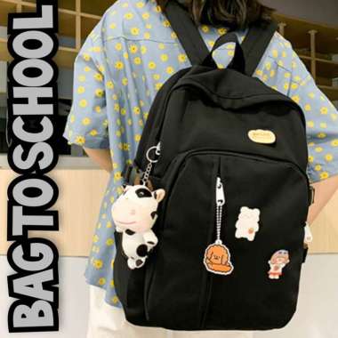 Tas Ransel Cewek Polos Populer Terbaru Korea Style Anak Sekolah SD SMP SMK SMU Remaja Kekinian HITAM
