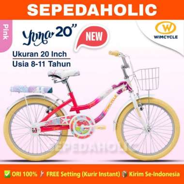 Sepeda Anak Remaja Perempuan WIMCYCLE YUNA NEW Ukuran 20 Inch Keranjang Usia 8-11 Tahun White Pink