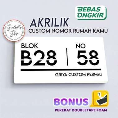 Nomor Rumah Acrylic Custom Nomer Rumah Akrilik Custom MNR5 15X30CM MNR5B+PEREKAT