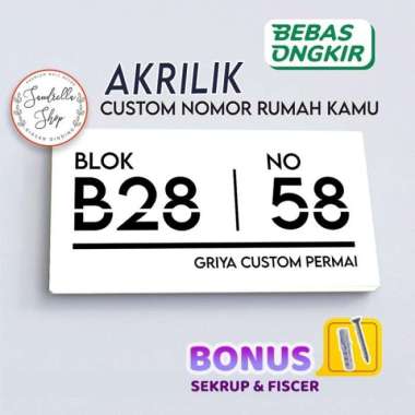 Nomor Rumah Acrylic Custom Nomer Rumah Akrilik Custom MNR5 20X30CM MNR5B+SEKRUP