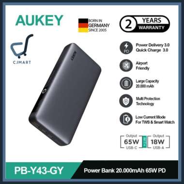 AUKEY Powerbank 20000mah PB-Y43-GY USB C 65W PD 3.0 Slim Power Bank Y43 20.000mAh 65w Powerbank Lapt