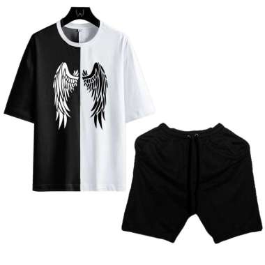 ASIATIKA-Setelan Kaos Pria Twotone Satu Set Kaos Angel Wings Dan Celana Pendek Putih (HITAM) XL