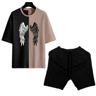 ASIATIKA-Setelan Kaos Pria Twotone Satu Set Kaos Angel Wings Dan Celana Pendek Coksu (HITAM) XL