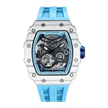 Jam Tangan Pria Tsar Bomba Elemental TB8208CF-06 Carbon Fiber Automatic Skeleton Dial Light Blue Rub