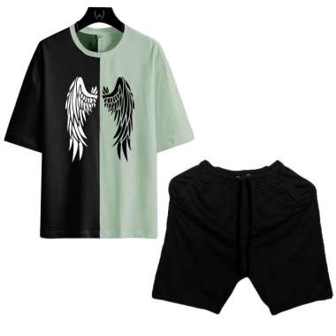 KIYOWO-Setelan Pria Angel Wings Satu Set Baju Atasan Kaos Lengan Pendek Dan Celana Pendek Polos Sage