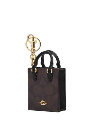 COACH North/South Mini Tote Bag Charm In Signature Canvas Brown Black