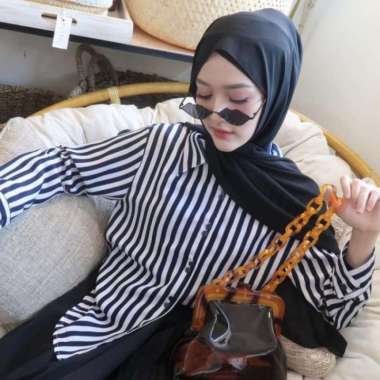 KEMEJA WANITA JUMBO SALUR GARIS GARIS OVERSIZE LENGAN PANJANG - Biru, L XL Biru
