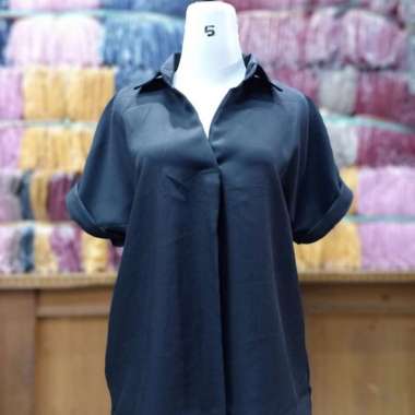Atasan Kemeja Wanita Blouse Lengan Pendek Hitam Putih Casual Polos - pink Hitam