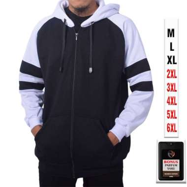 Hoodie Zipper Pria RAGLAN HITAM PUTIH GARIS HITAM Size M sampai 6XL Jaket Jumper Polos Jumbo POLOS L