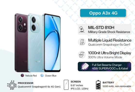 OPPO A3x RAM 8/128 GB GARANSI RESMI ORIGINAL 1 TAHUN BISA KREDIVO BIRU
